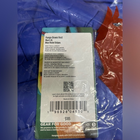 Cotopaxi Men's XL Fuego Down Vest Blue Violet Stripes Yellow NWT Puffy Puff - Picture 6 of 15